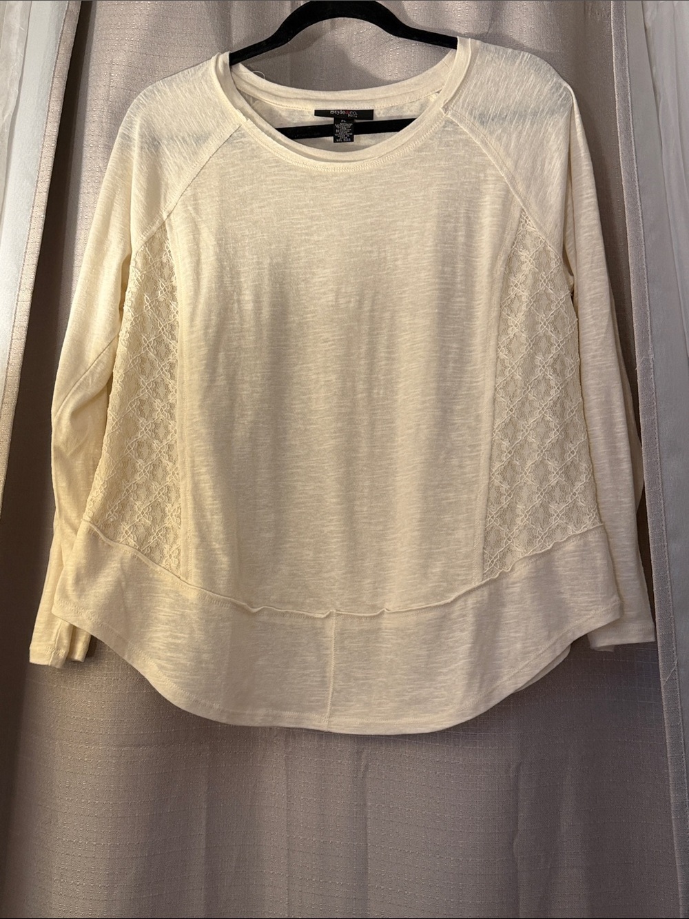 Style & Co. Cream Lace-Panel Long Sleeve Top